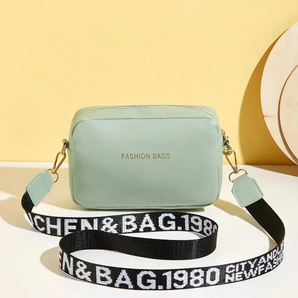 Simple Designer Wide Letter Strap Women Handbag PU Leather Square Shoulder Bag Travel Purse Small Phone Crossbody Bag