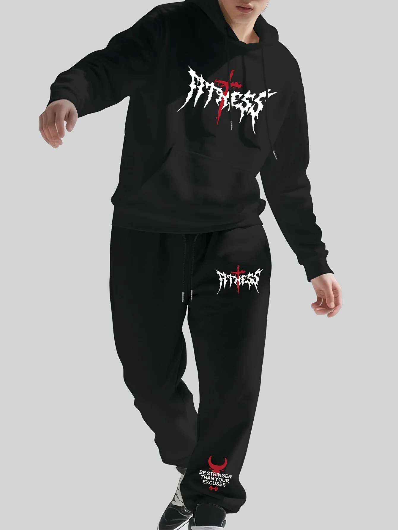 Men Thick Tracksuit Autumn Winter Gothic Fitness CrossPrint Hoodie+Jogger Pants 2Pcs Set Warm Casual SportsStreetwear Sweat Suit