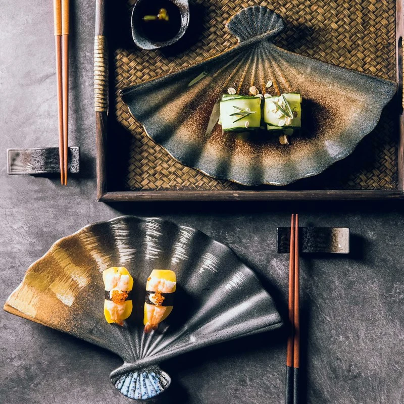 

Sushi Sashimi Ceramic Plate, Japanese Steamed Shrimp Snack, Creative Fan Shape Tray with Vinegar Dish, Dumpling Salver Tableware