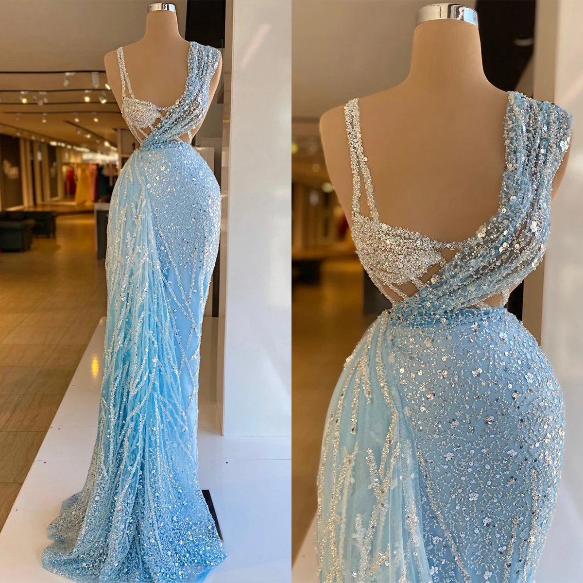 Graceful Sequins Mermaid Evening Dresses Sleeveless Illusion Beaded Prom Gown with Train Party Dress Custom Made