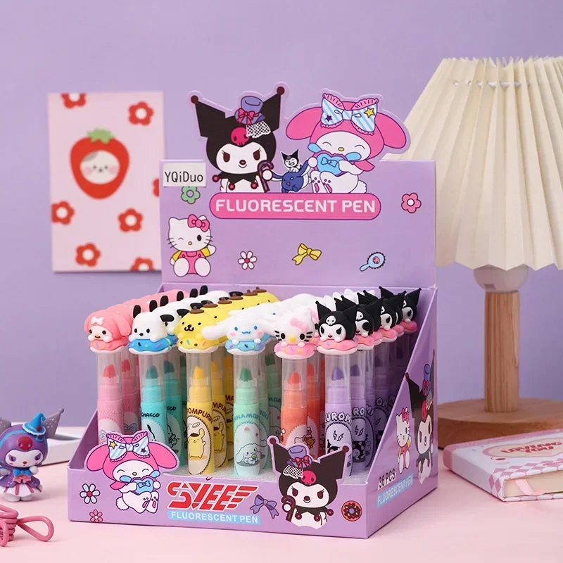 Sanrio Kuromi 36pcs New Cute Donuts 6-Color Highlighter Cartoon High-Value Hand-Held Pen Girl Gift Pen Color Marker Art Brush.