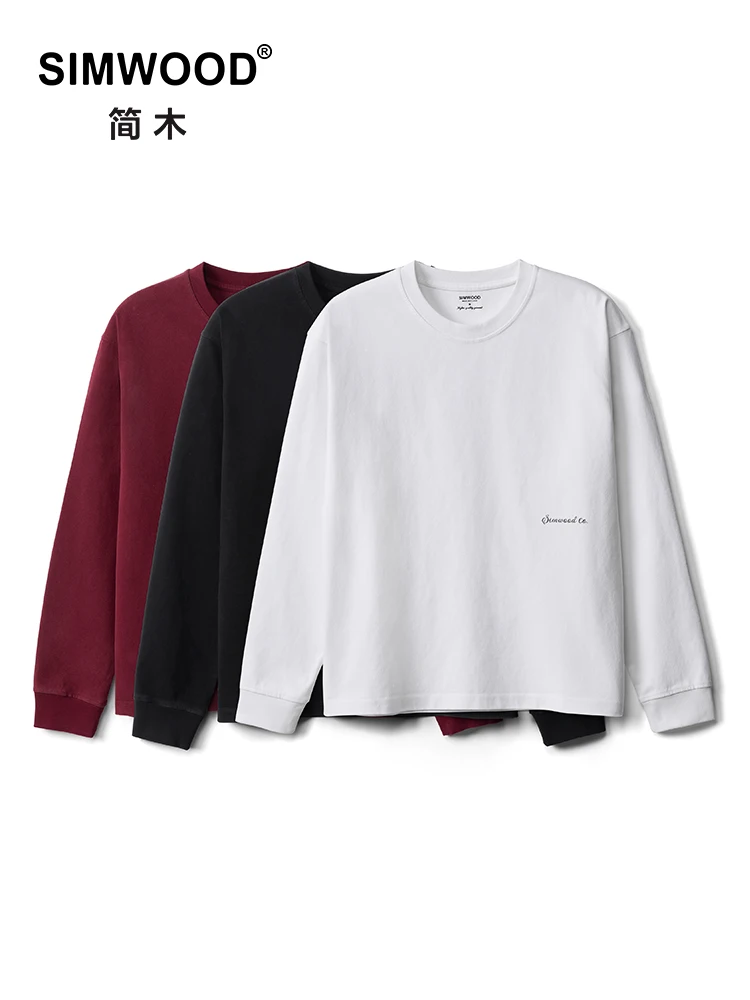 SIMWOOD 2024 Autumn Winter New【Short Length】300gsm Sorona Fabric Fashion Letter Print Long Sleeve T-shirts Men Plus Size Tops