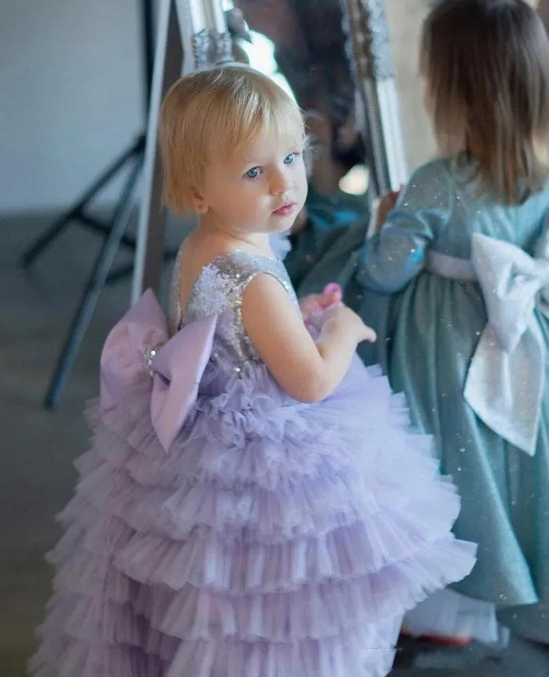 

Custom Purple Flower Girl Dress Suitable for Weddings, Sequin Gown, Multi-Layer Communion Party, Graduation Ceremony