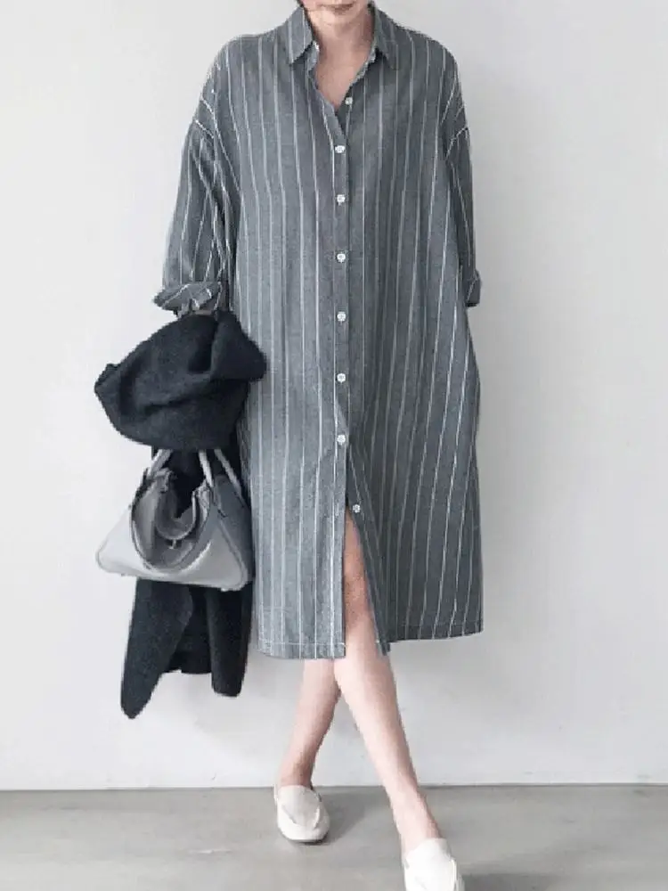 Autumn Sundress ZANZEA Elegant Shirt Dress Women Lapel Neck Long Sleeve Stripe Sundress Work Vestidos Robe Femme Holiday Kaftan