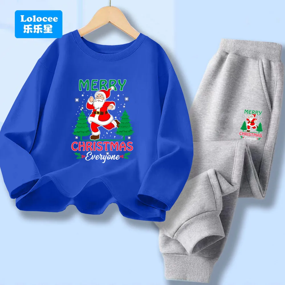 Kids Christmas 2-Piece Outfit Santa T-shirt+Pants Merry Christmas Print Long Sleeve Tracksuit Set for Boys Holiday Clothes SDLR2