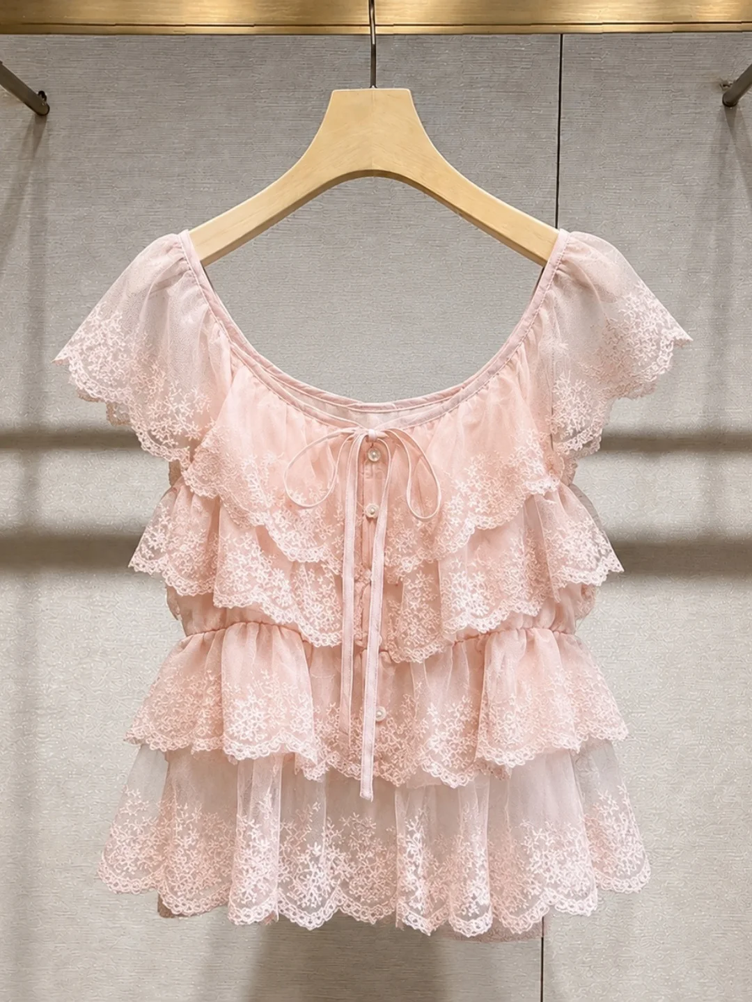 

Sweet Lace Trim Slimming Top Comfortable Korean Design Sensation Youthful Summer Versatile Women's Short Sleeve Color