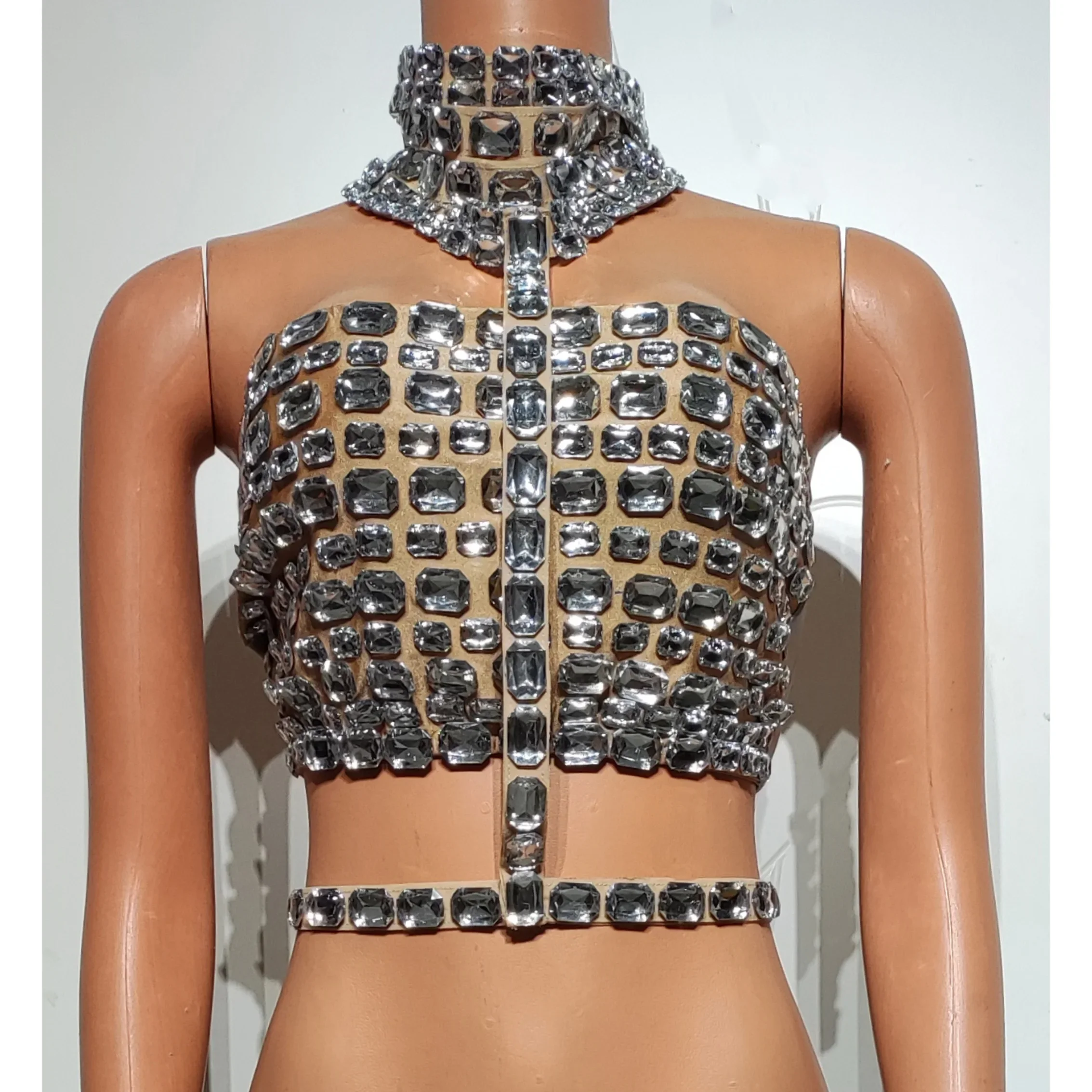 Women Tops Silver Pink Rhinestone Bandage Halter Crop Tops Sexy Bar Carnival Party Stage Wear Birthday Prom Singer Dance Costume