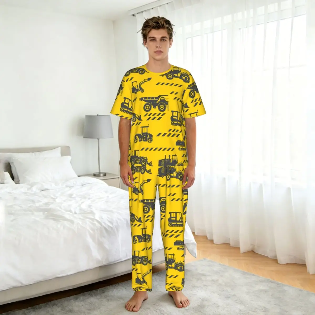 Men Pajamas Suit Short Sleeved Long Pants Cartoon Machinery Truck Sleepwear Summer Home Clothing Set view 5