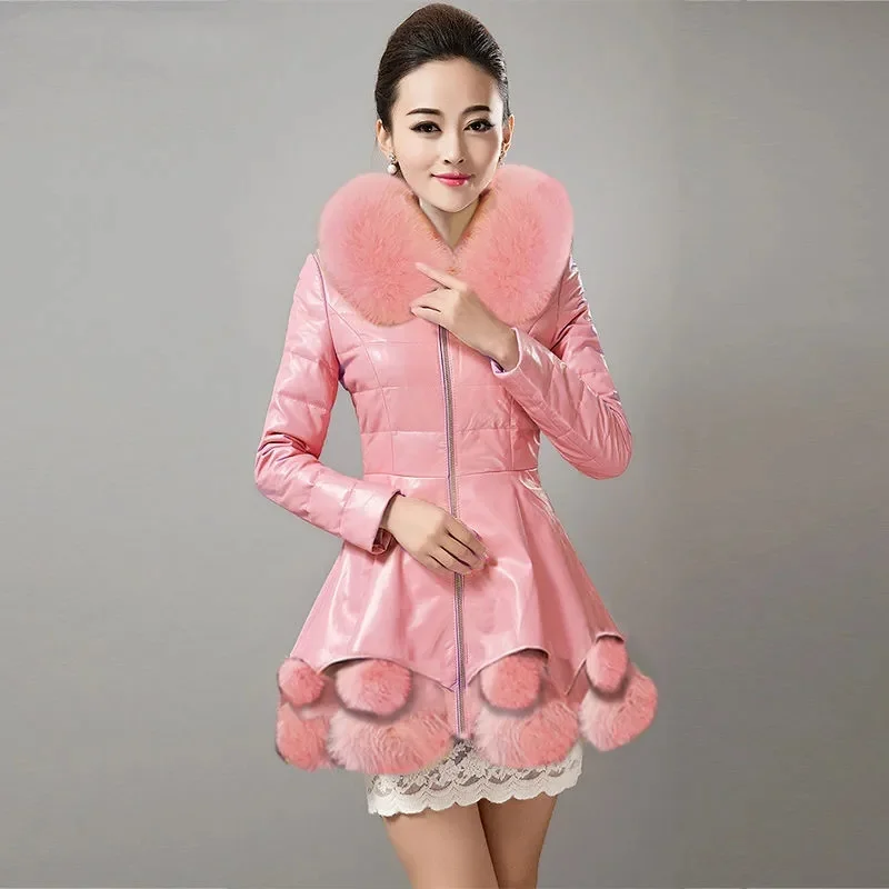 

Fashion PU Leather Jacket Women Cotton Coat Parker Winter Coat New Mid To Long Imitation Fox Fur Hooded Slim Warm Overcoat