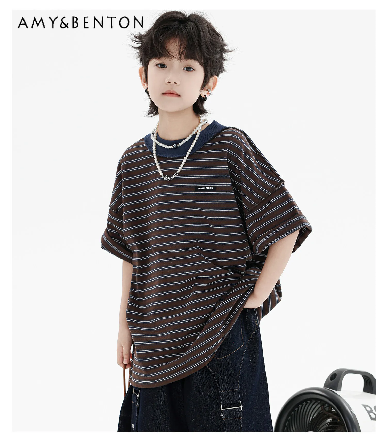 

Cool Boys High Quality Sporty O-neck Striped T-shirt Childrenss 2026 New Summer Pure Cotton Loose Fit Soft Breathable Casual Top