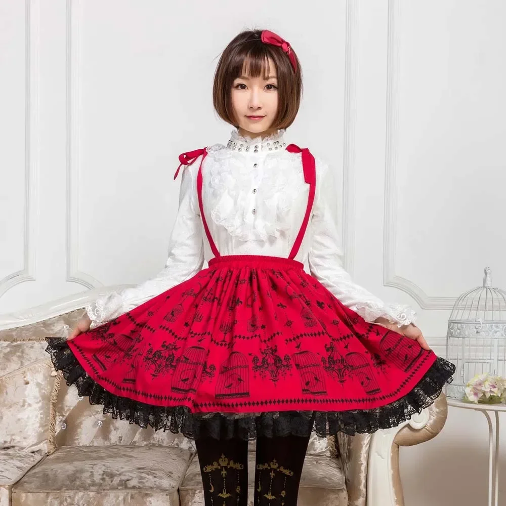 Sweet Mori Girl Deep Red Birdcage Printed Short Suspender Skirt for Summer