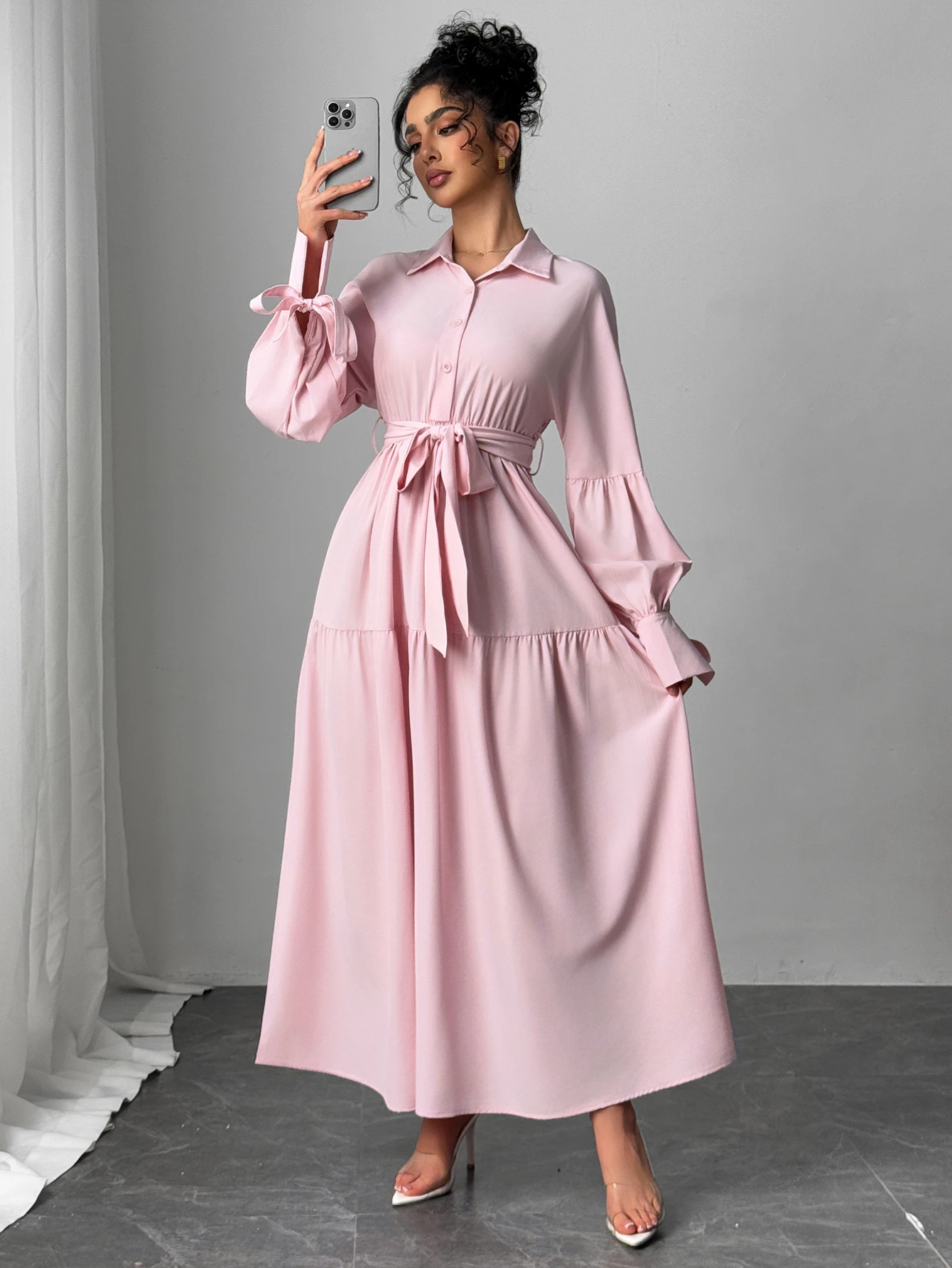 Primavera verão feminino luz rosa vestidos camisa colarinho laço puff manga auto-gravata em camadas maxi vestido elegante vestido diário