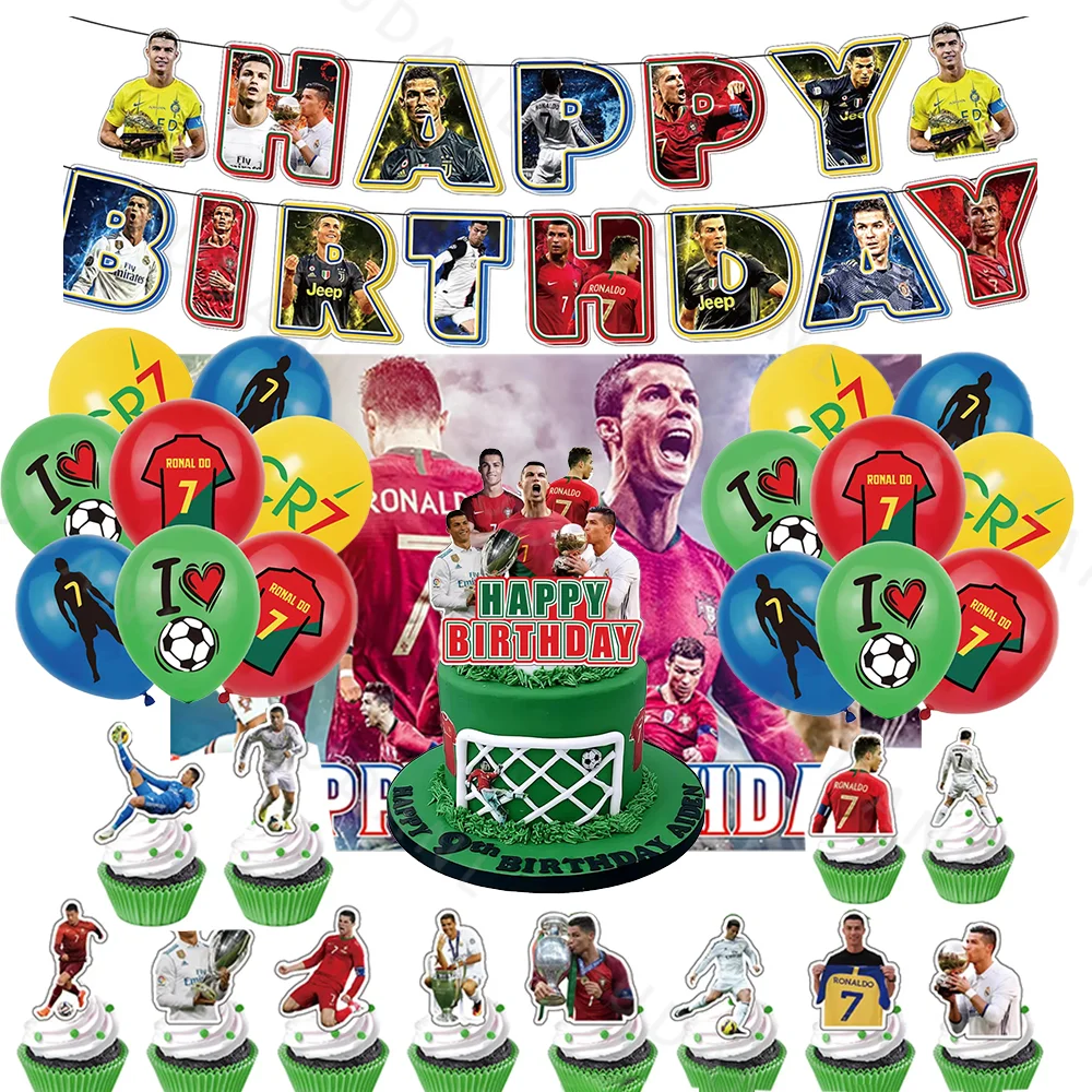 Ronaldo Football Theme Birthday Party Decoration Set Banner Cake Topper Balloon Backdrop for Kids Party Decoration Supplies