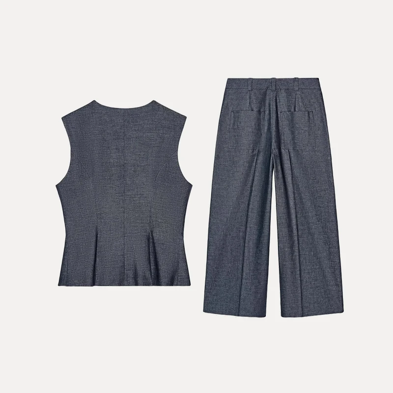 

2025 Summer New Women's Linen Blend Pleated Vest High Waist Wide Leg Pants Two Piece Set Faionable Polyester Fiber Long Tro...
