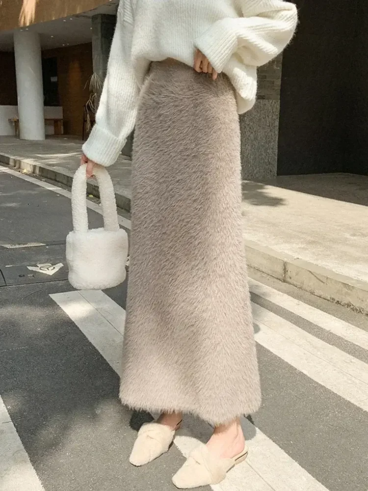 2024 Knitted Skirt Women Long Skirts 2023 Autumn Winter Warm High Waisted Korean Fashion Solid Casual Elegant Faux Fur Skirt