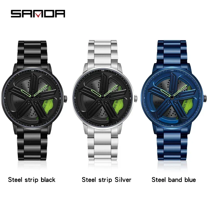 SANDA P1106 2023 Fashion Men Car Hub Quartz Watch Custom Design Waterproof Wheel Rim Rotating Dial WristWatch Relogio Masculino