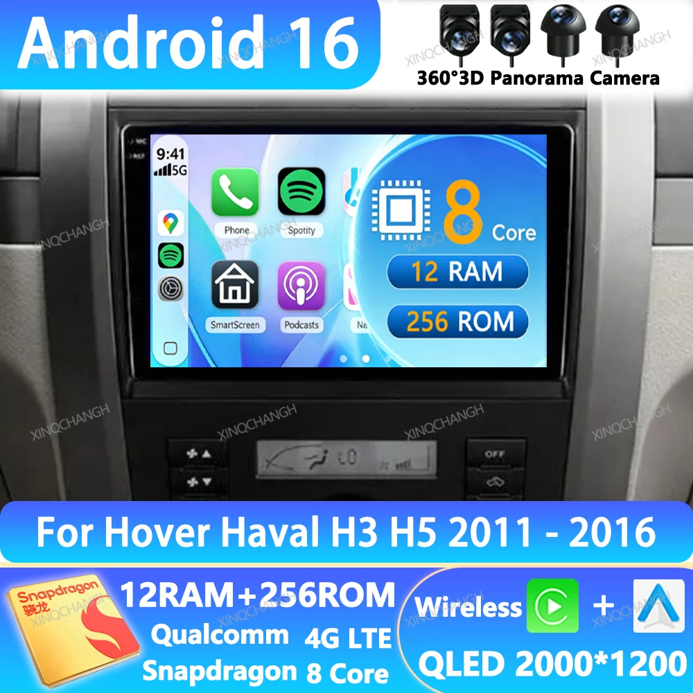Android 16 Car Radio For GREAT WALL Hover Haval H3 H5 2011 - 2016 QLED Head Unit Qualcomm Multimedia Video Player 4G LTE 5G WIFI