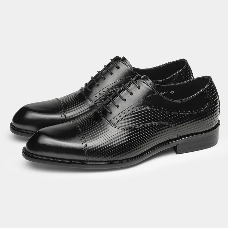 Men's Cap‑toe Striped Oxford Shoes Carved Genuine Leather Lace‑up Formal Business Dress Shoes Wedding Office