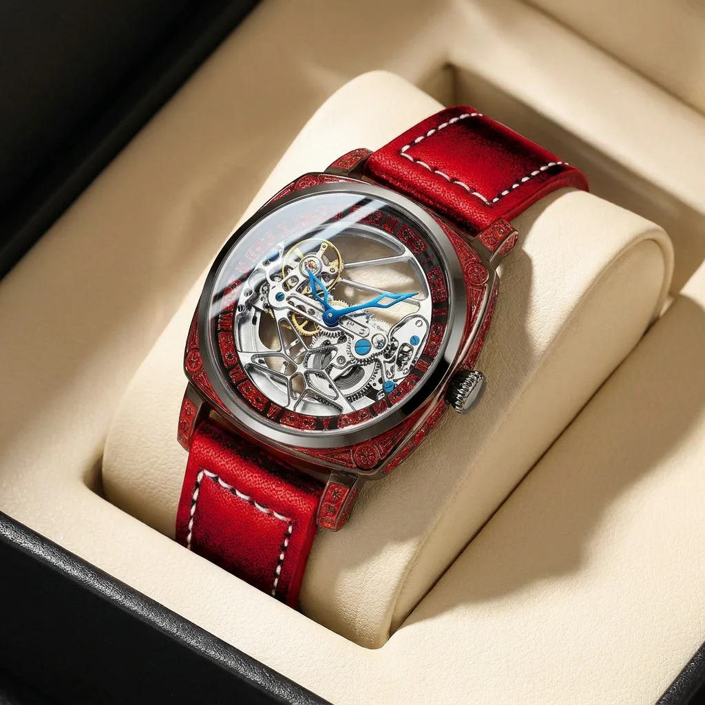 

1pcs Men's silver dial leather strap vintage fashion skeleton gear luxury details Mechanical Watch for daily business party holi