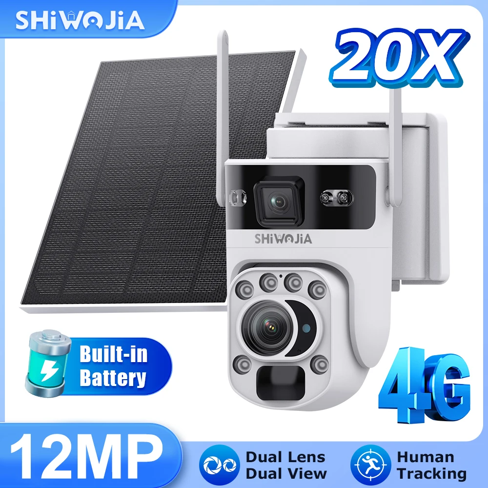 

SHIWOJIA 4G Solar Camera 20X Optical ZOOM 6K 12MP Dual Screen Outdoor Security WIFI CCTV Night Vision PIR Detection AutoTracking