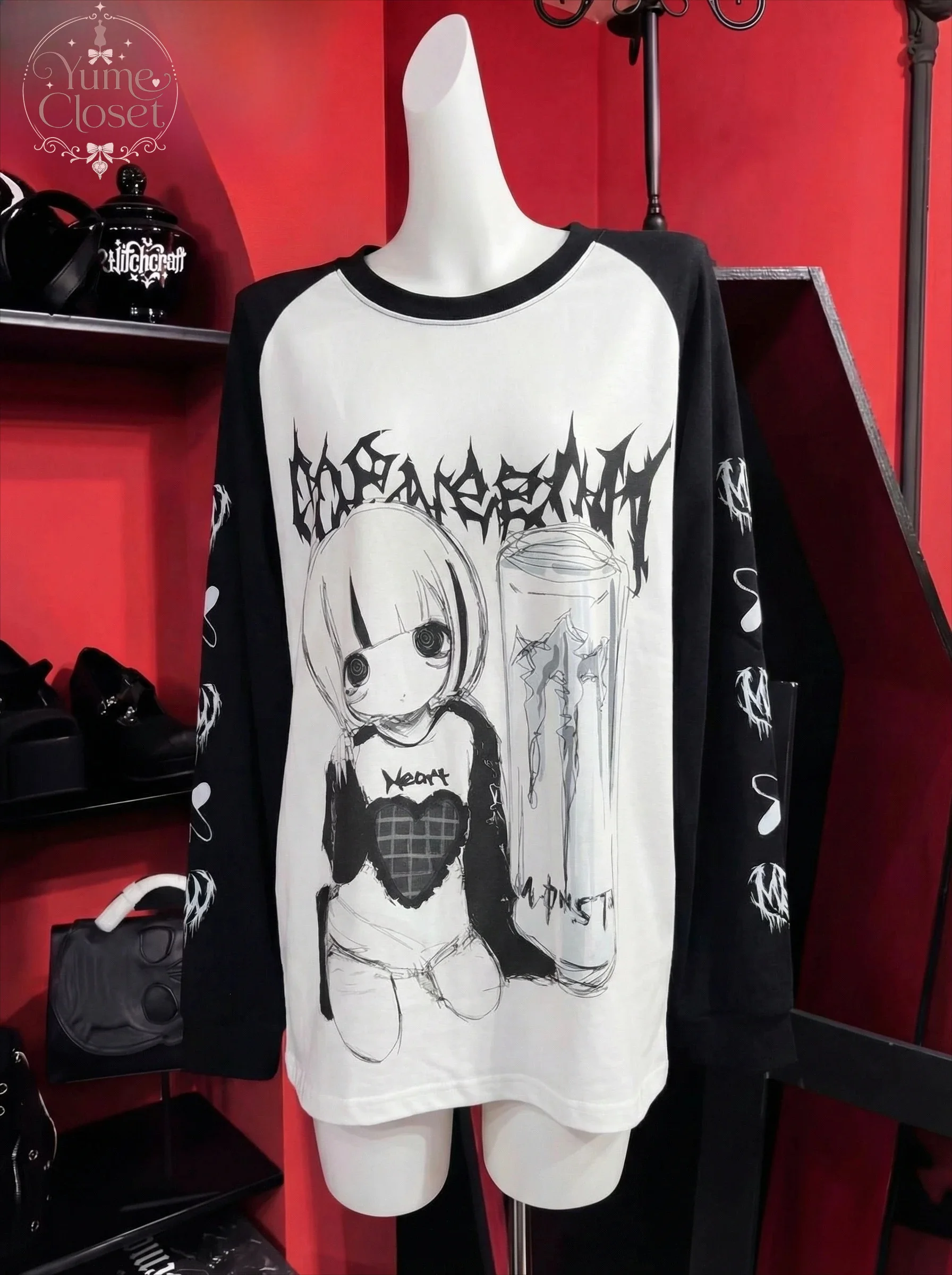 Long Sleeve O-Neck Print Loose Top Jirai Kei Subculture Casual Shirt Women Spring Autumn Japanese Yami Kawaii Girly Goth T Shirt