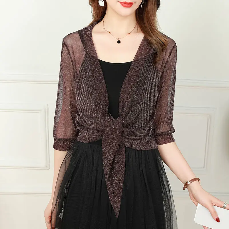 Women's Sparkling Lace-Up Cardigan Summer Sheer Cover Up Lightweight Loose Blouse Half Sleeve Beachwear Casual Glitter Jacket