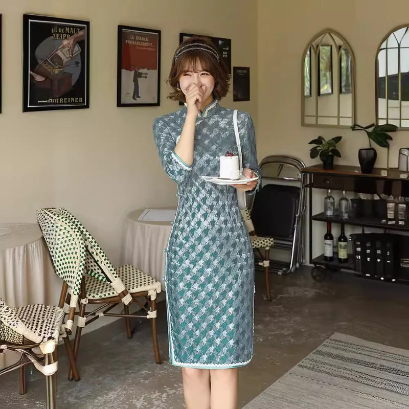 

qipao retro white pink green lace fabric dress improved high-end stretch innovative elegant summer fancy most sold cheongsam