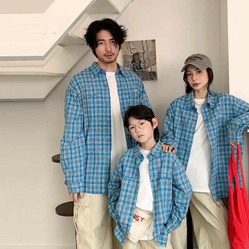 Family Matching Outfits Blue Plaid Long Sleeve Shirt Autumn Parent Child Shirt Dad Mom Son Daughter Couple Top Casual Blouse