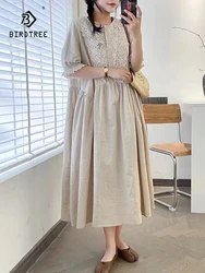 New Summer Cotton Linen Short Sleeve Dresses Women O Neck Embroidery Mori Girl Loose French OL Retro Dress 2024 Autumn D46557QC