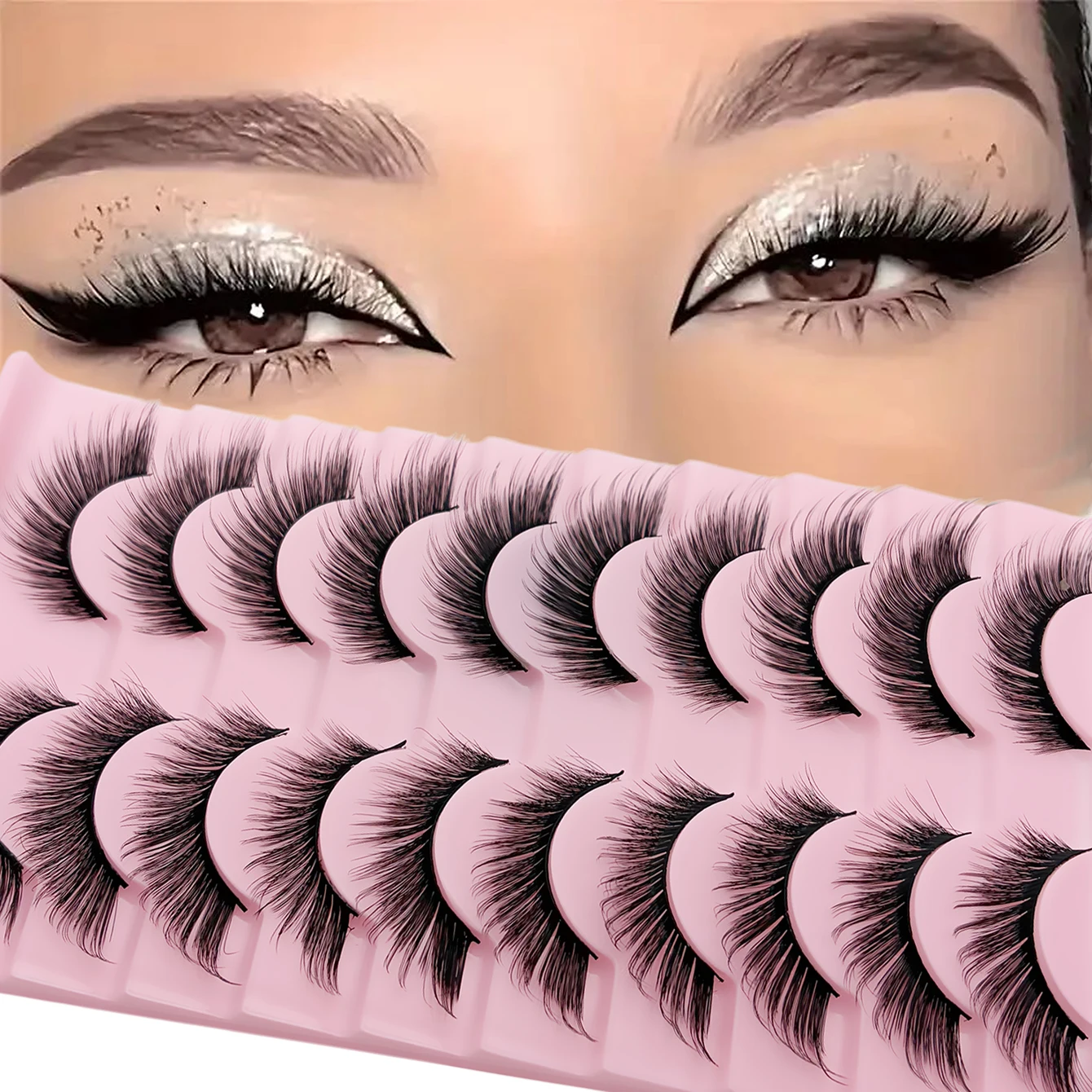 10 Pairs Fox Eye False Eyelashes Cat Eye Lashes Natural Wispy Fluffy Volume Elongated Outer Corner Fake Eyelashes for Cosplay