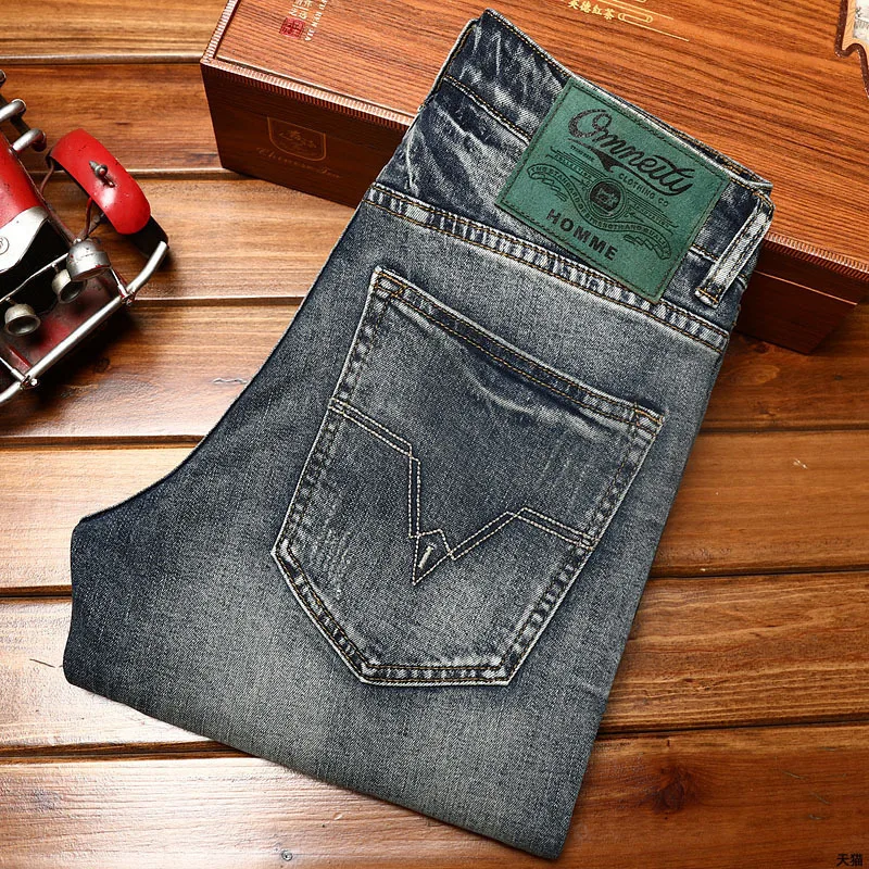 Vintage Blue Jeans Men's Classic Versatile Work Business Trends Loose Elastic Pencil Pants Embroidery Washed Men's Trousers