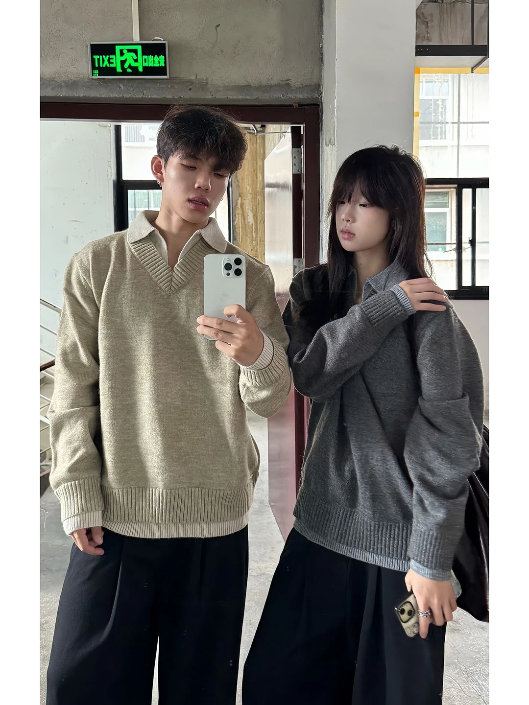 

Мужской вязаный свитер Cleanfit с V-образным вырезом, имитация двухслойности, для пар, осенне-зимний, в стиле ретро, американский кэжуал, свободный крой, полиэстер