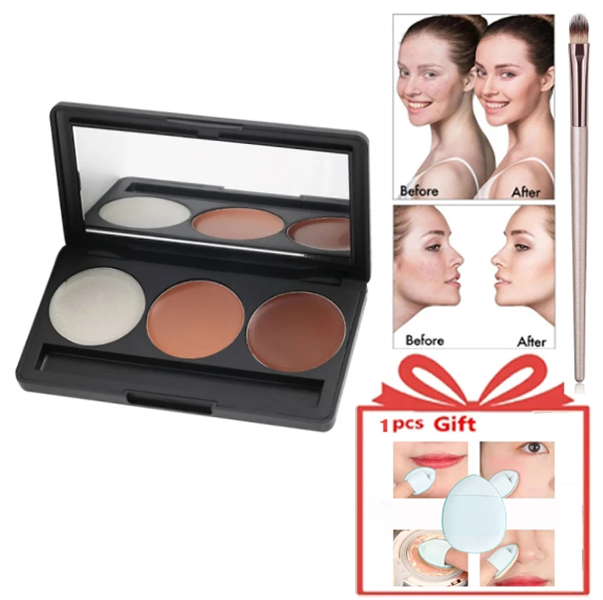 3 Color Concealer Palette Makeup Base Professional Full Coverage Cover Acne Spots Dark Circles Facial Make Up Foundation Brushe