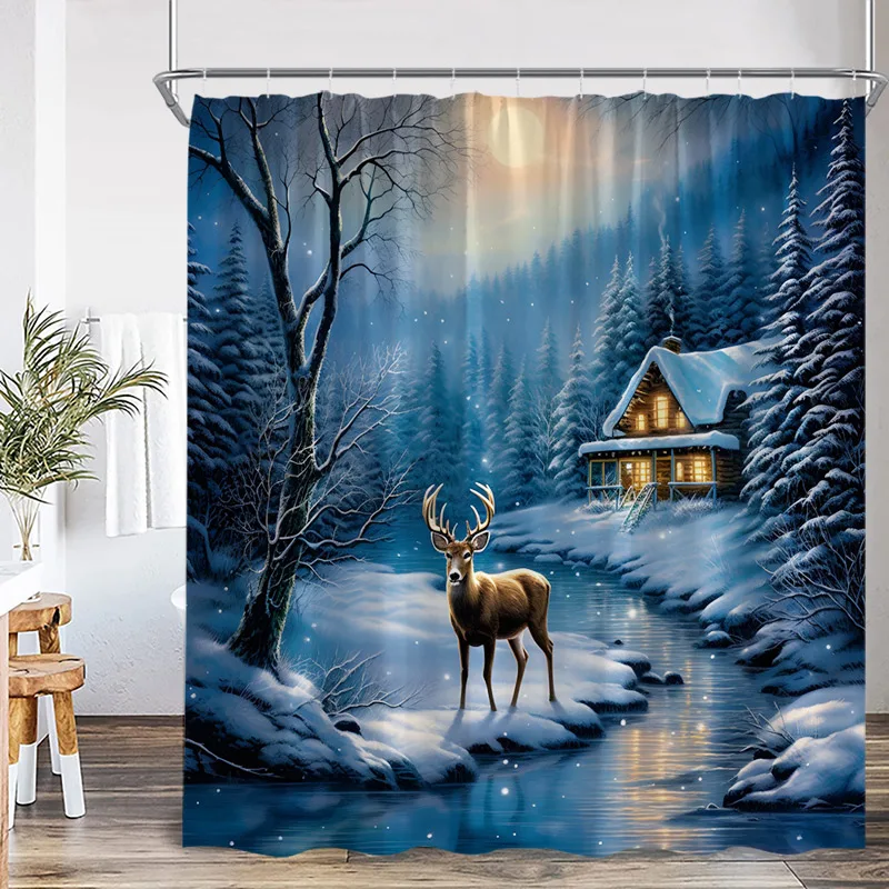 Wild Animals Reindeer Shower Curtains Forest Cabin Elk Lake Autumn Landscape Home Wall Hanging Bathroom Curtain Decor with Hooks