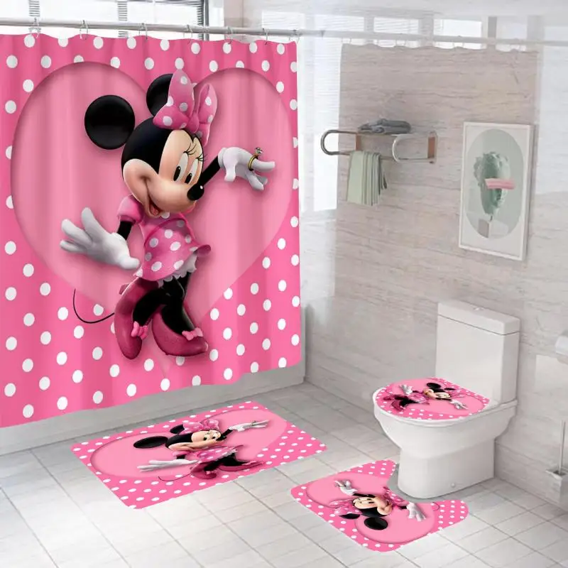 MINISO Mickey Minnie Shower Curtain Three Piece Set Disney Bathroom Printing Water Proof Shower Curtain Carpet U-Shaped Pad