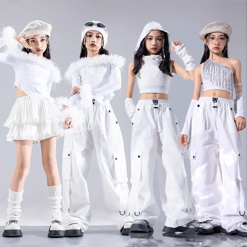 Conjuntos de Ropa Hip Hop para Niños, Top Corto, Pantalones Cargo para Baile Urbano, Faldas Blancas, Ropa Urbana para Niñas, Disfraces de Jazz para Niños, Conjuntos de Ropa K-pop