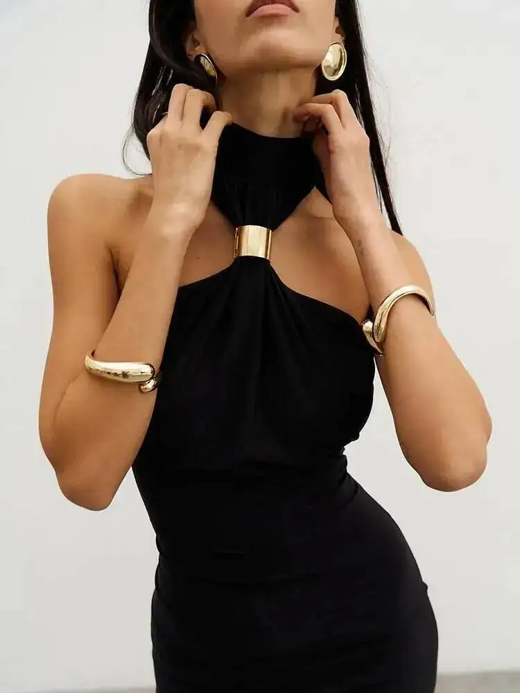 

Turtleneck Off-shoulder Sexy Knit Maxi Dress For Women Gown Metal Buckle Strapless Sleeveless High Waist Knitted Dress OMWW