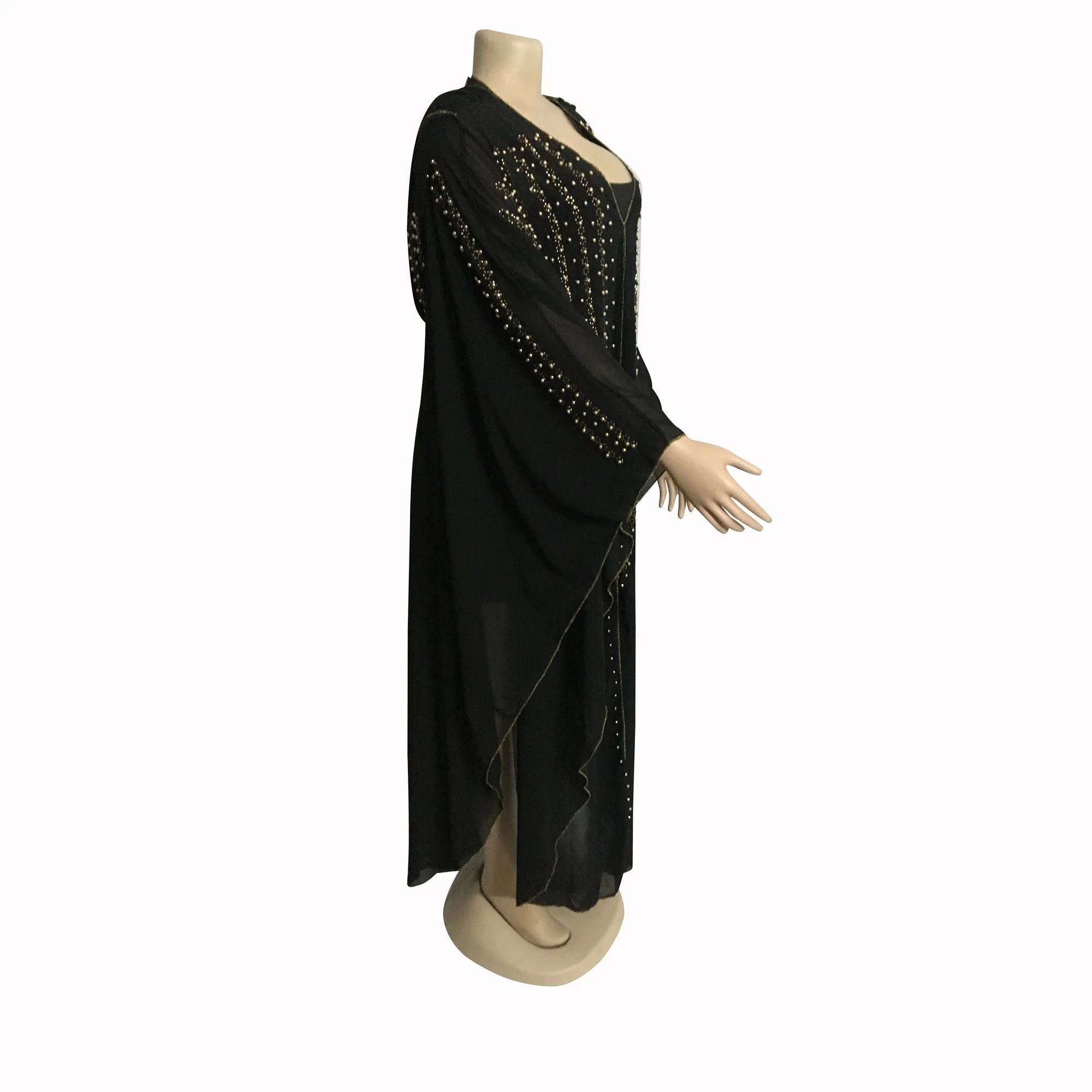 Fashion Design Beading Black Hooded Abaya African Muslim Style Dashiki Dress With Inner Loose Vestidos For Lady Summer Kaftan