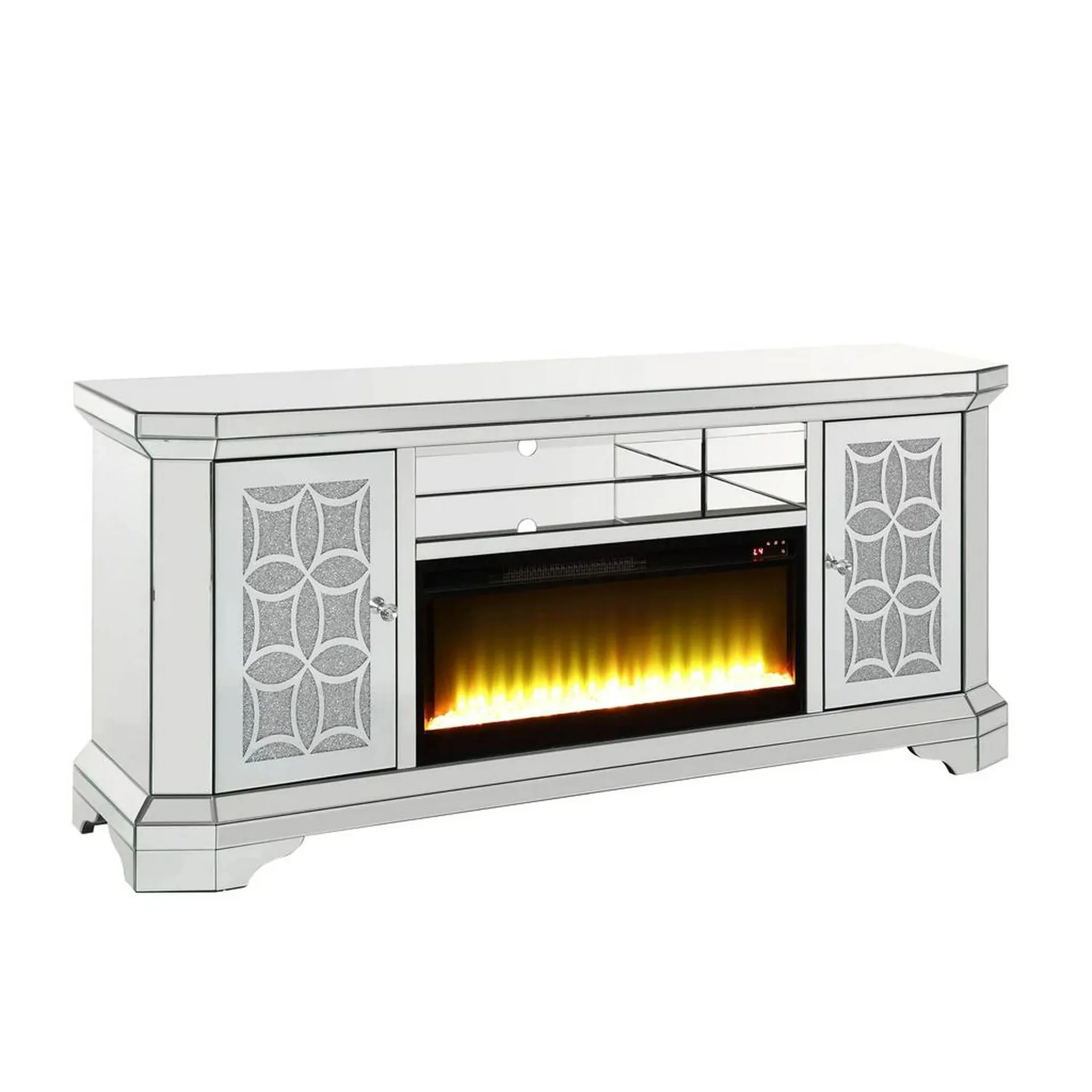 

The mirror design incorporates artificial diamonds to embellish the TV stand and complements the simulated fireplace elements