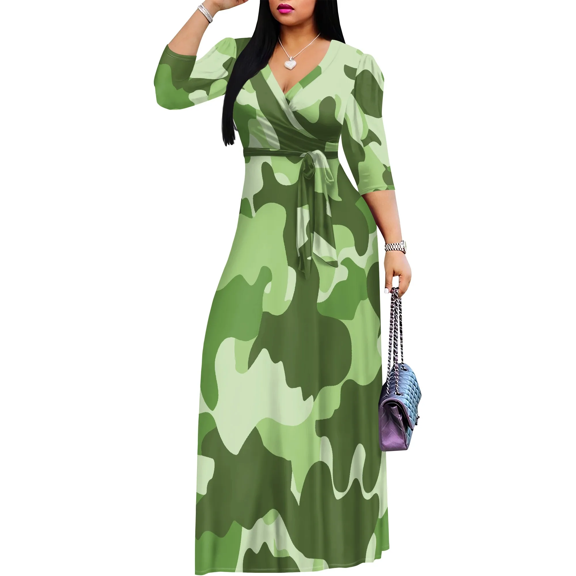 Abito lungo Boho ampio da donna a maniche corte sexy con scollo a V, abito lungo da vacanza casual con orlo diviso stampato alla moda