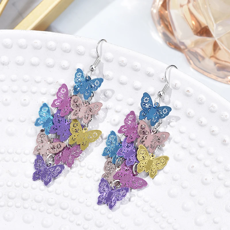 Cute Multilayer Colorful Butterfly Earrings For Women Hollow Geometric Butterflies Earrings Bohemian Long Drop Dangle Jewelry