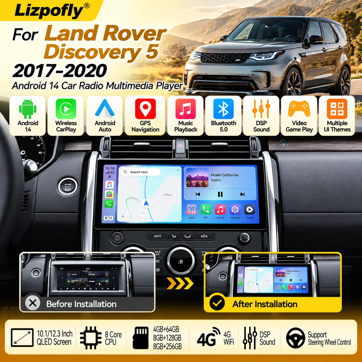 Android 14 CarPlay Android WIFI Stereo Navigation Car Radio Multimedia Player Touch Screen For Land Rover Discovery 5 2017-2020