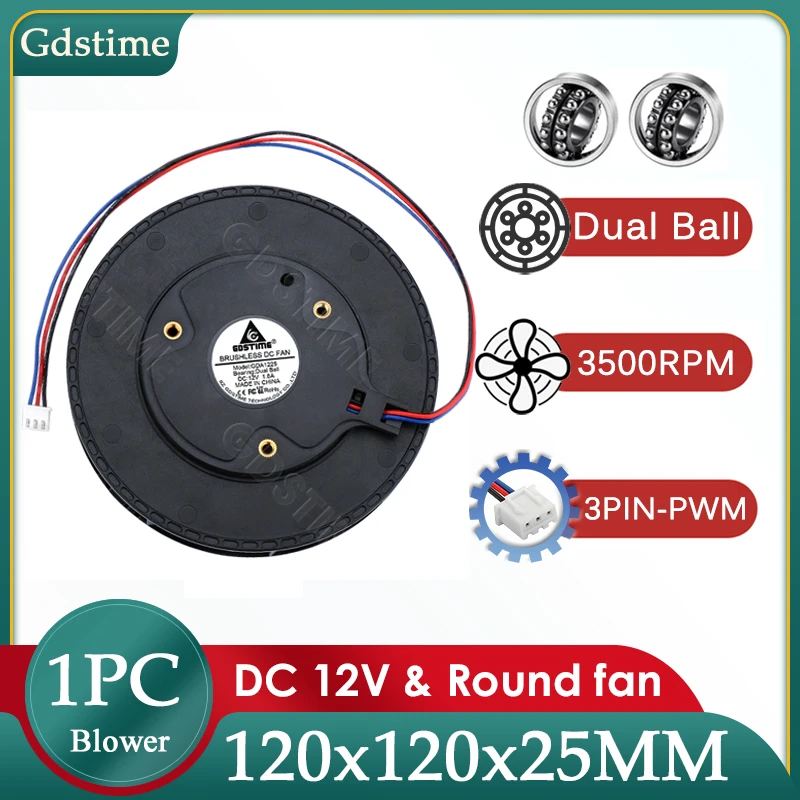 Gdstime 120MM Fan 24V 12V 120MM*25MM Turbo Centrifugal Blower 150MM 3PIN PWM Fan Adjustable Round Cooler for Computer Case