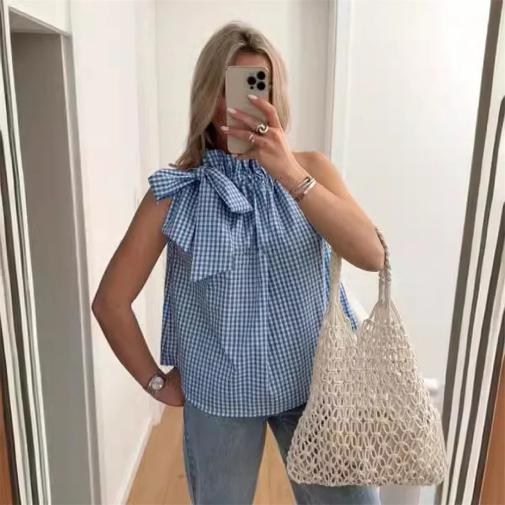 Summer Plaid Halter Tanks for Women Sweet Side Lace Up Bow Sleeveless Loose Ladies Tops 2024 New Casual Streetwear