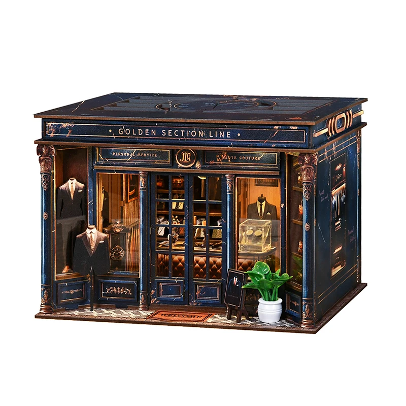 

DIY Golden Section Line Book Nook Wooden Miniature Model Kits Clothing Shop Bookend 3D Puzzle with Light Friends Birthday Gifts