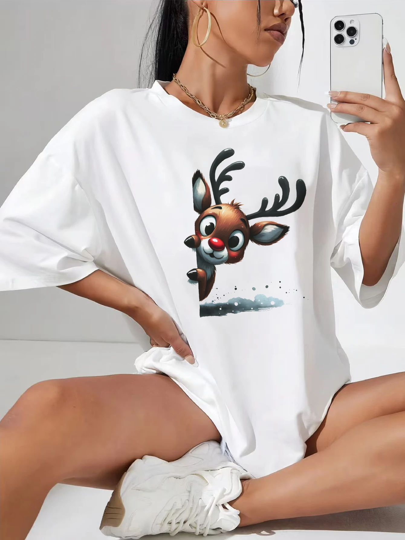 

Christmas Characters peeking around Women's White T-Shirt for Winter Cotton Casual Wear for Plus Size Christmas Comfortable Fit