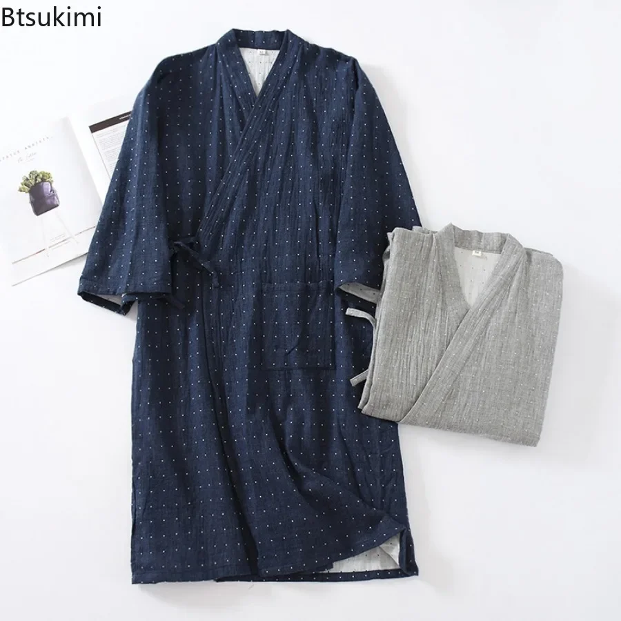 

2025 New Japanese Style Kimono Bath Robe Mens Sauna Hotspring Home Wear Cotton Pajamas Spring Summer Sleepwear Monk Frock Robes