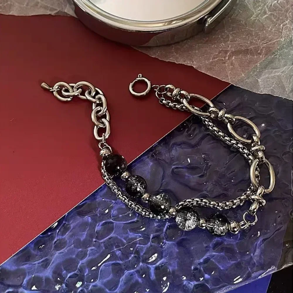 2024 Retro Black Cracking Beads Bracelet for Men Women Stainless Steel Double Layered Chain Fashion Hip-pop Jewelry Pulseras image 5