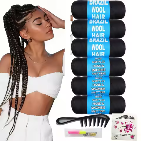 4-10 Rolls Black Brazilian Wool Hair Acrylic Yarn For African Synthetic Crochet Hair Jumbo Braids Braids Twist Wraps70G/Roll