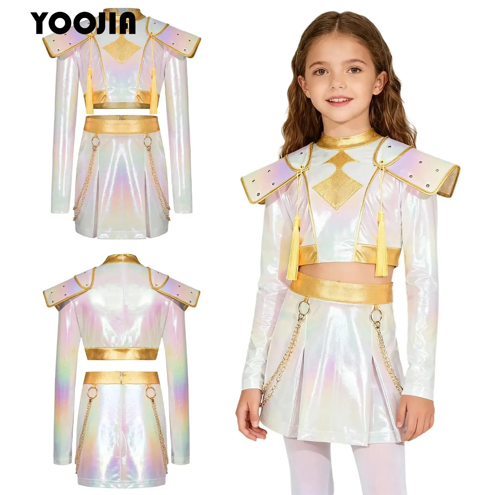 

Halloween Hunter Singer Costume for Girls Iridescent Gloss Anime Cosplay Outfit Tassel Crop Top And Waist Chain Skirt Dance Set